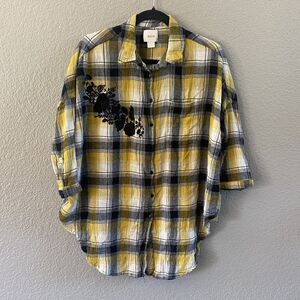 Maeve Anthropologie Blouse Womens XS /S Yellow Embroidered Plaid Floral Button